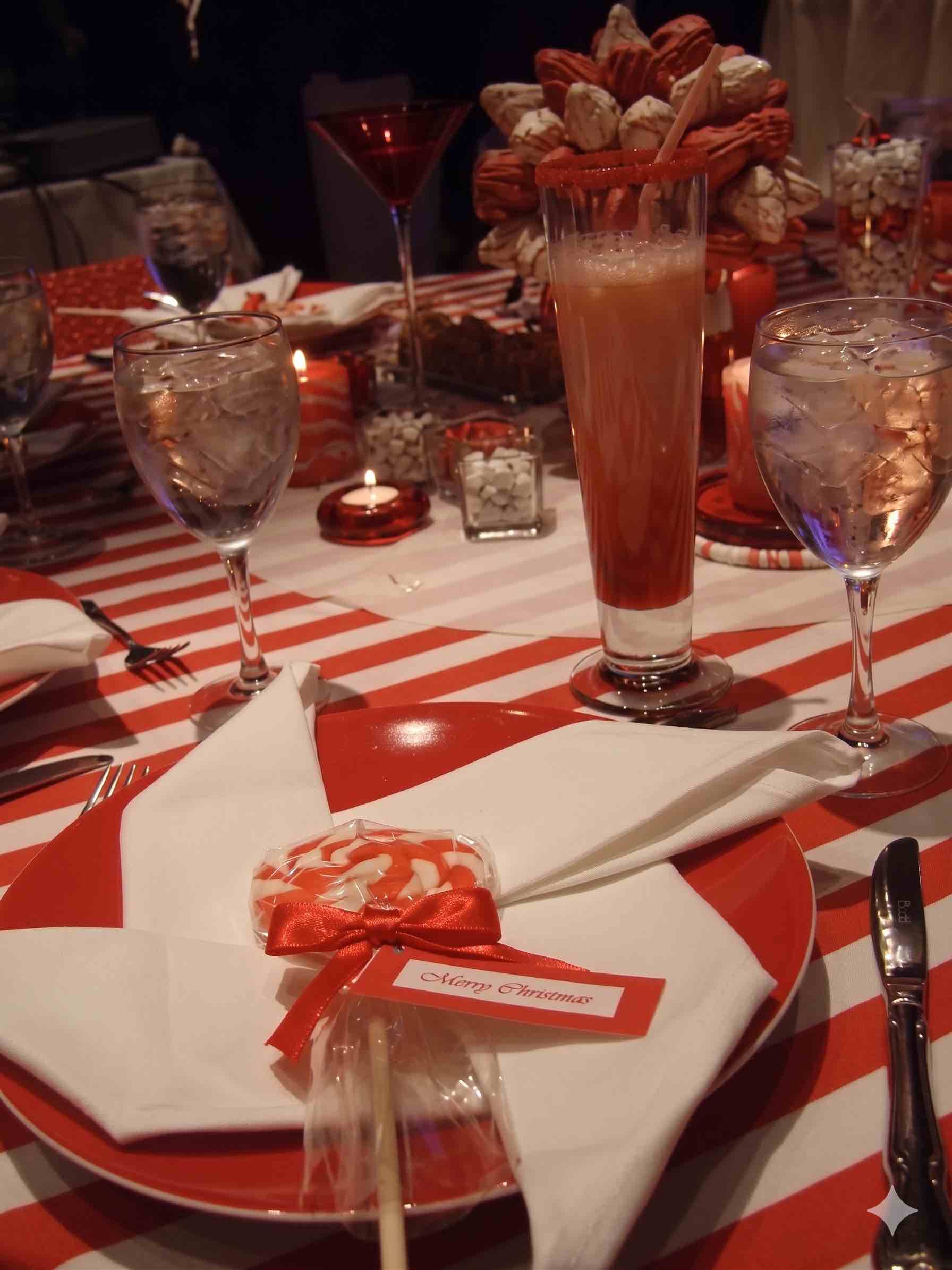 Candy-cane Christmas place setting with lollipop favor