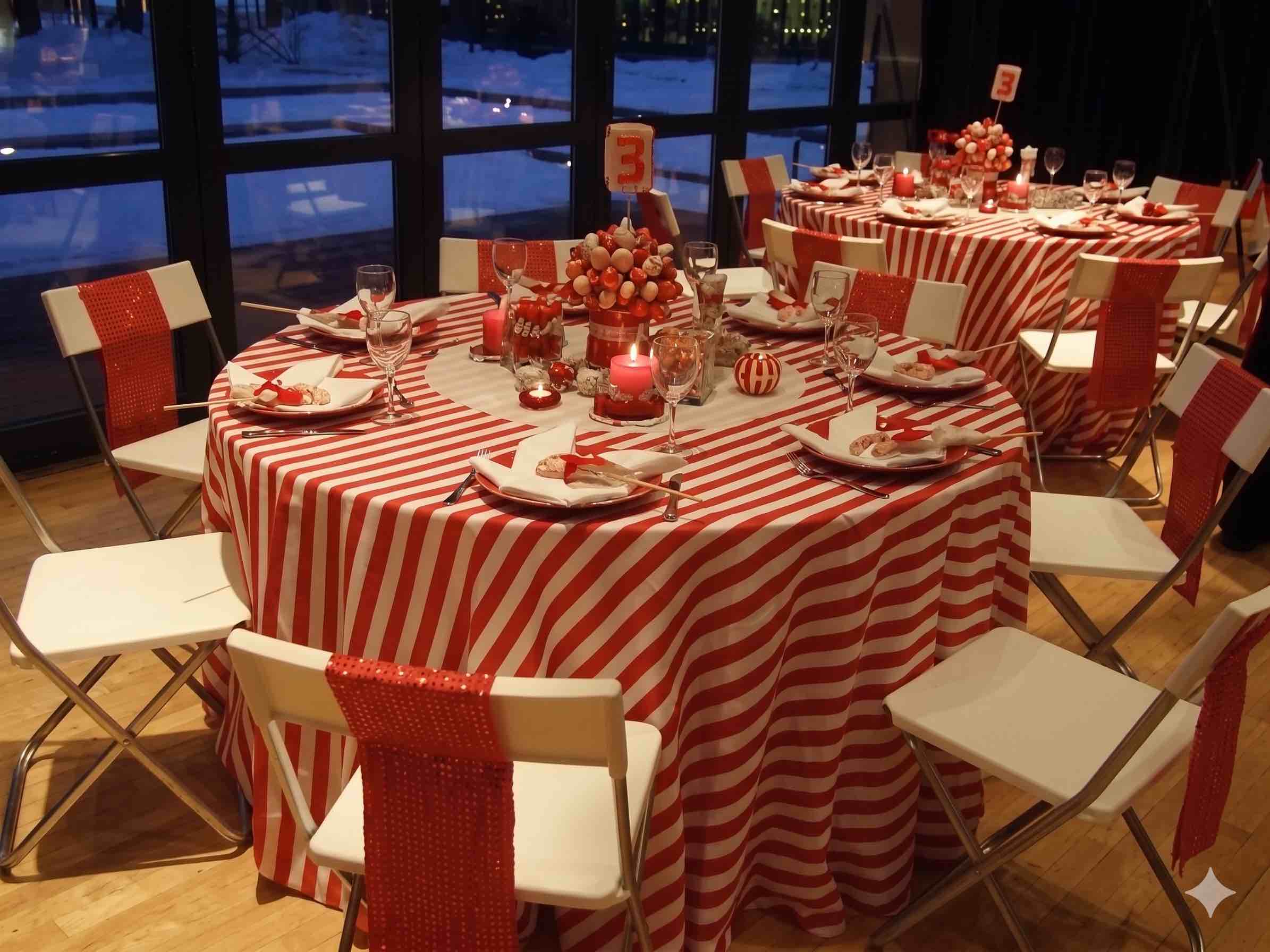 Red and white striped holiday round tables