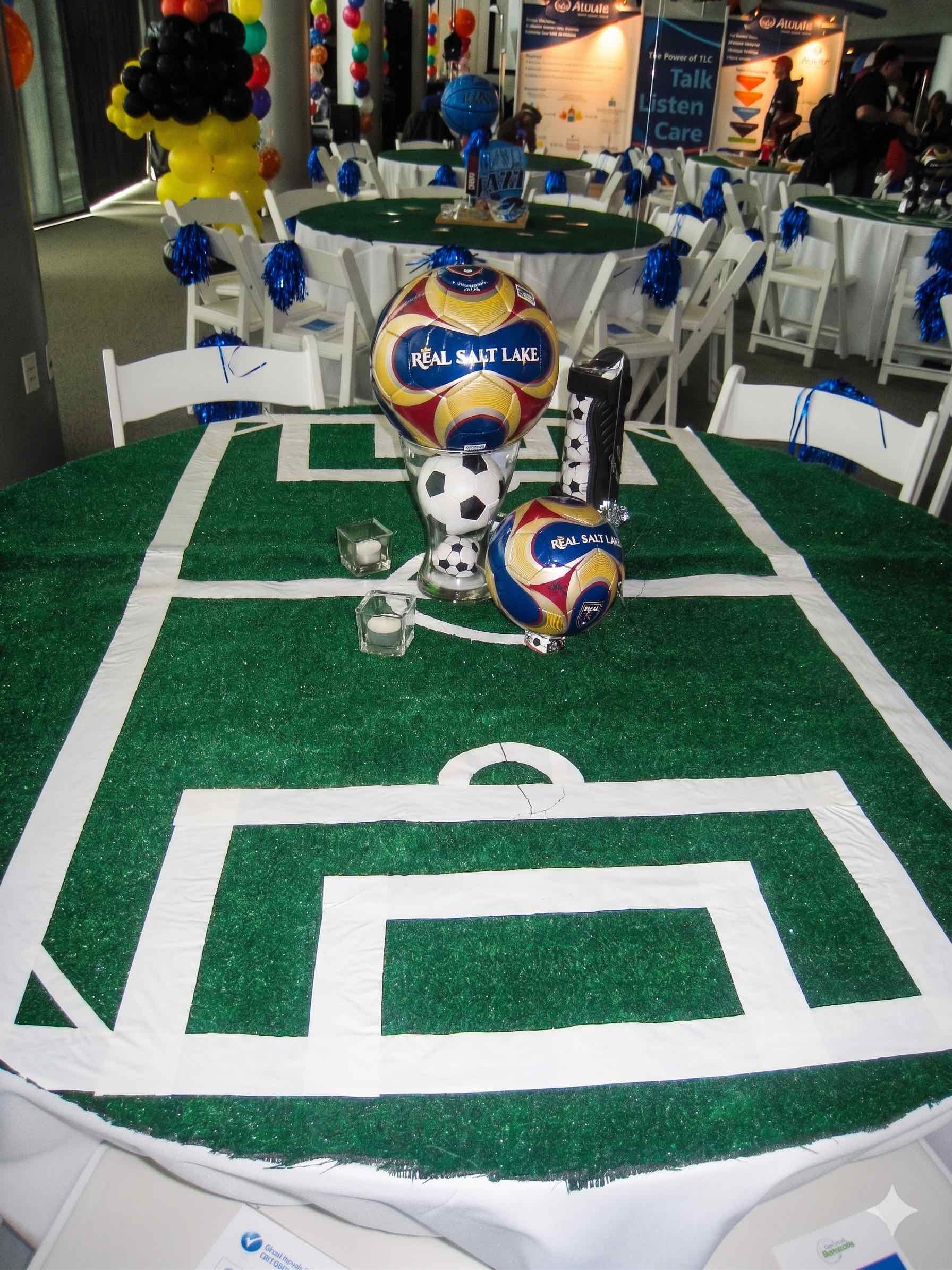 Soccer field centerpiece with Real Salt Lake match balls